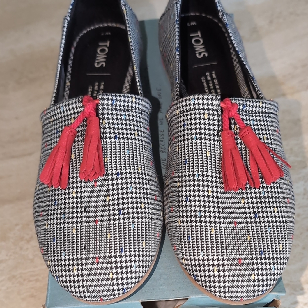 TOMS Houndstooth Loafers with Red Tassels